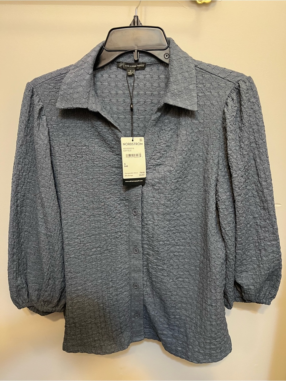 Adrianna Papell Dusty Blue Textured Button Blouse
